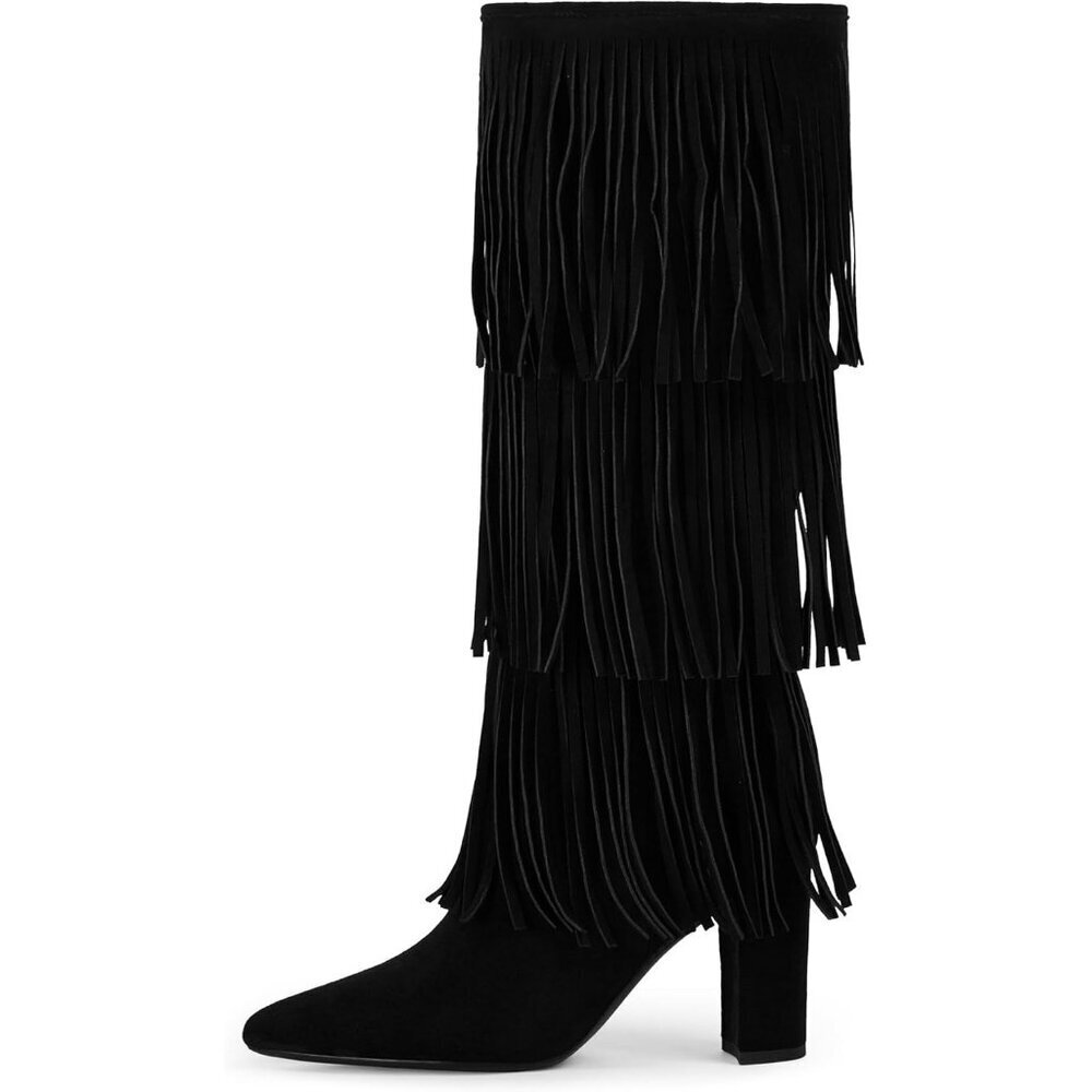 Women's Black Fringe Modatope Knee High Fold Over Chunky Heels Zipper Tall Boots - Picture 2 of 7